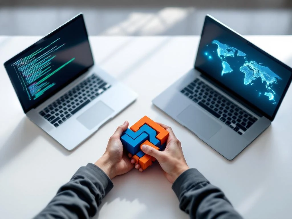 Two laptops on white desk showing code and world map with geometric handshake sculpture symbolizing global collaboration.