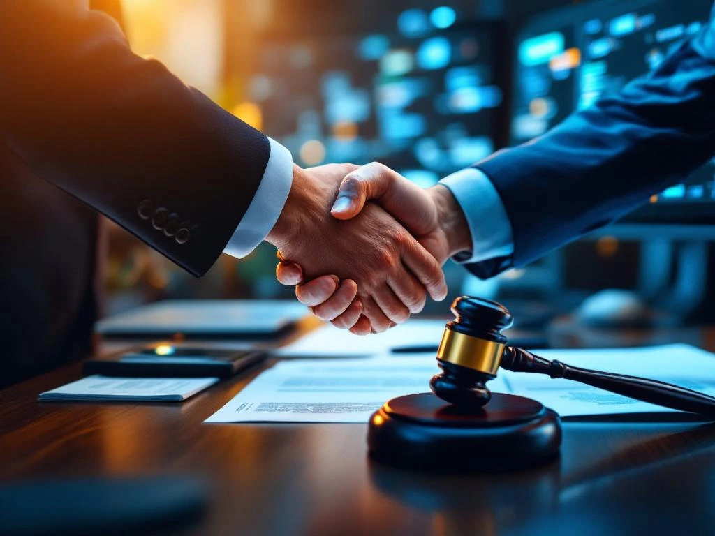 Business professionals shaking hands with legal documents, gavel, and computer monitors showing code in background
