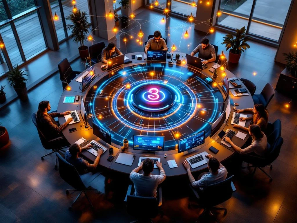 Aerial view of modern tech workspace with developers at circular workstations connected by holographic data streams