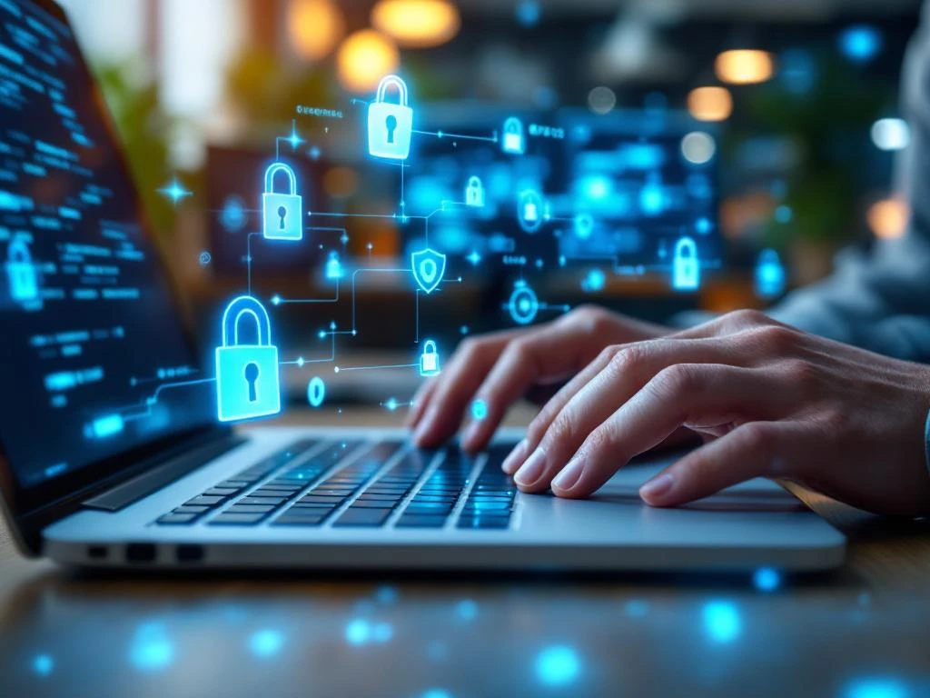 Hands typing on laptop with holographic cybersecurity icons including padlocks and shields in blue light above keyboard