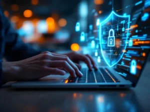 Handen typen op laptop met holografische beveiligingspictogrammen en blauwe digitale beveiliging in modern kantoor