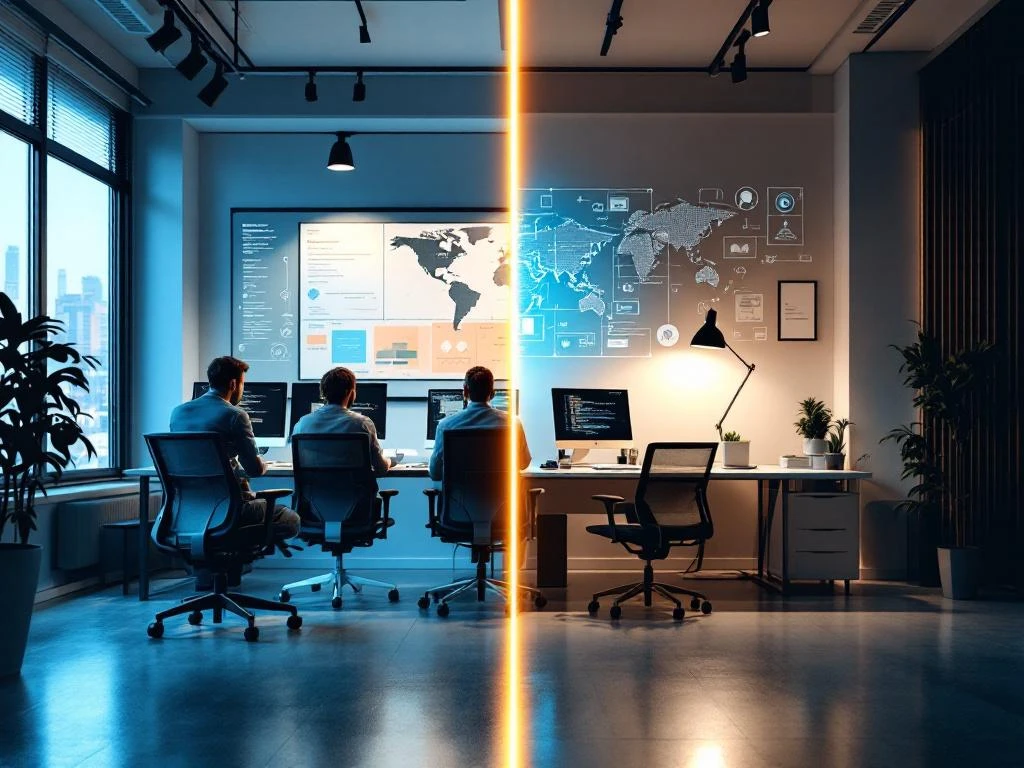 Split-screen office comparison: bustling in-house development team workspace versus minimalist remote outsourced home office