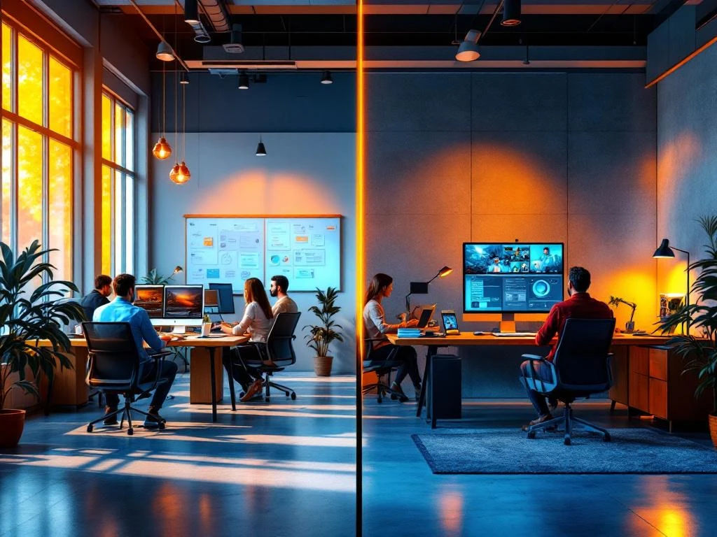 Vergelijking tussen drukke kantoor ontwikkelteam links en professionele thuiswerkplek rechts, gescheiden door lijn