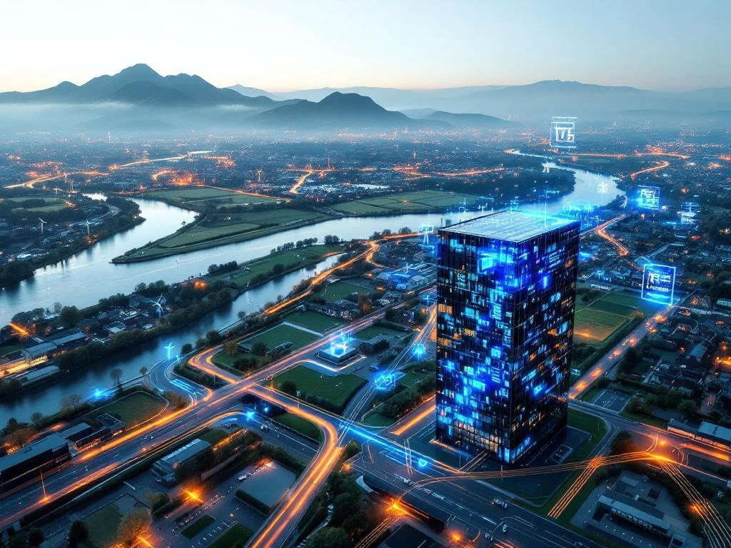 Luchtfoto van Nederland met kantoorgebouw verbonden door glasvezelkabels naar bergen, windmolens en digitale datastromen zichtbaar