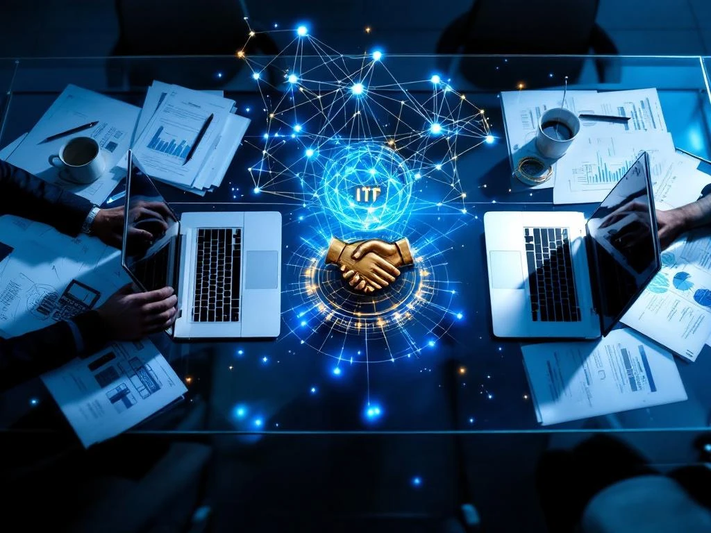 Moderne glazen vergadertafel met laptops en gouden handdruk sculptuur, IT outsourcing partnerschap concept