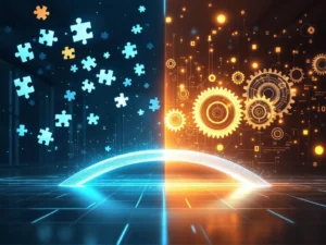 Twee kantooromgevingen verbonden door digitale brug: links steriele werkplek met zwevende puzzelstukjes, rechts harmonieuze ruimte