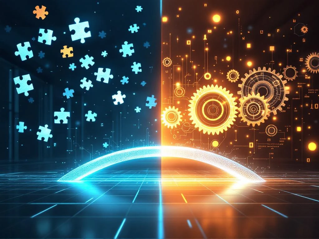 Twee kantooromgevingen verbonden door digitale brug: links steriele werkplek met zwevende puzzelstukjes, rechts harmonieuze ruimte