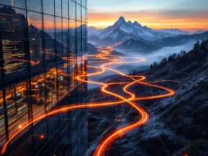 Modern Nederlands kantoorgebouw met glazen gevels verbonden door digitale lichtpaden naar besneeuwde bergen en werkstations