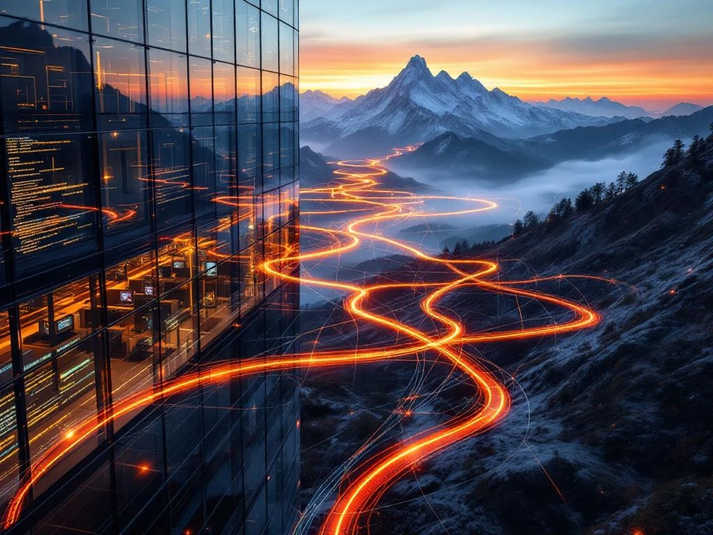 Modern Nederlands kantoorgebouw met glazen gevels verbonden door digitale lichtpaden naar besneeuwde bergen en werkstations