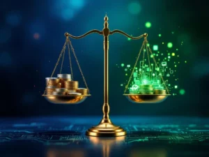 Gouden weegschaal met euromunten en bankbiljetten aan ene kant, digitale code en software-iconen aan andere kant