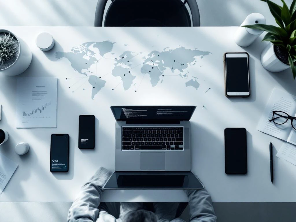 Modern office desk with laptop displaying code, smartphones and tablets showing app interfaces, and world map with network connections