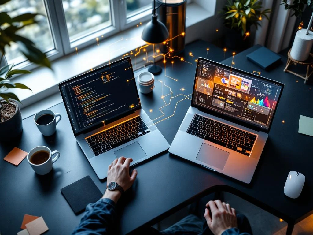 Two laptops on a modern desk displaying code and software diagrams with glowing data streams connecting their screens