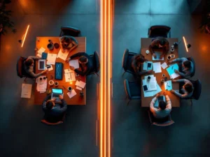 Moderne werkruimte van bovenaf met laptop met code en vergadertafel, verbonden door lichtsporen in blauw en oranje