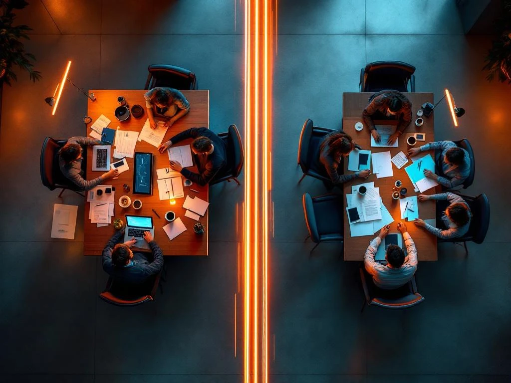 Moderne werkruimte van bovenaf met laptop met code en vergadertafel, verbonden door lichtsporen in blauw en oranje