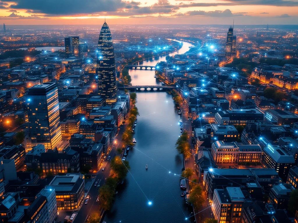 Aerial view of Amsterdam canals with digital network overlay showing glowing blue connections across Dutch cityscape at golden hour