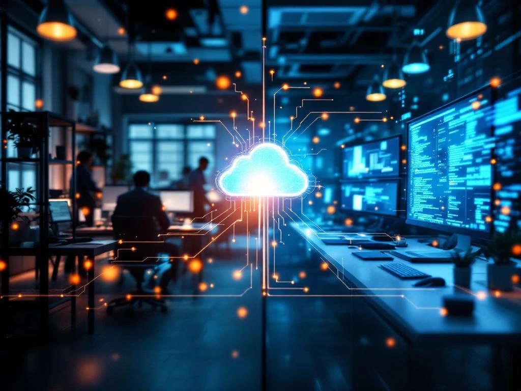 Split-screen vergelijking van traditionele kantoorruimte versus moderne digitale werkplek verbonden door netwerkstromen