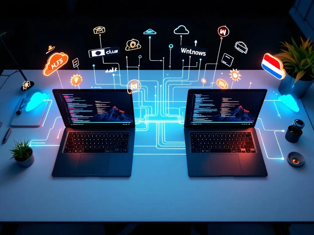 Modern office desk with two laptops showing code interfaces connected by fiber optic cables, with programming icons floating above