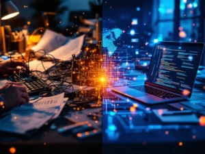 Gesplitst scherm toont chaotische in-house ontwikkelomgeving links versus georganiseerde outsourcing werkplek rechts