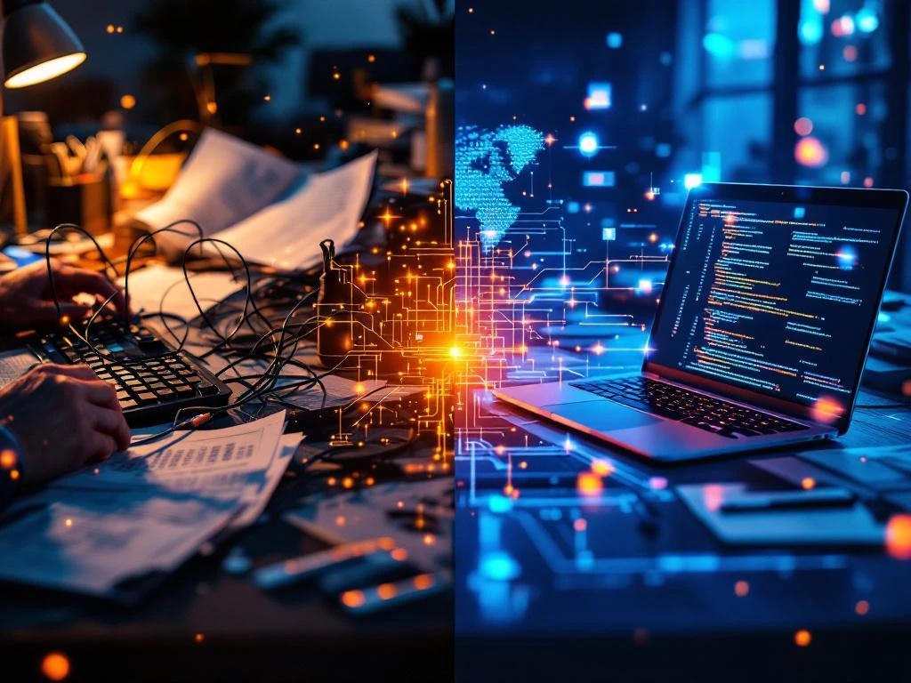 Gesplitst scherm toont chaotische in-house ontwikkelomgeving links versus georganiseerde outsourcing werkplek rechts