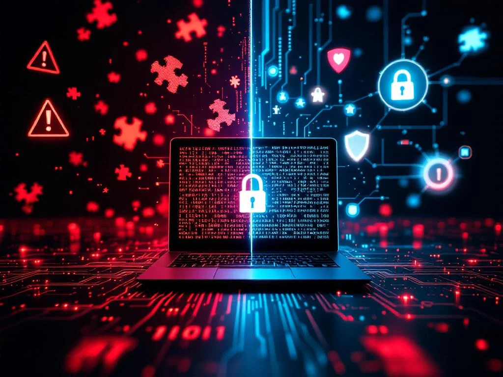 Laptop met binaire code tussen rode waarschuwingssymbolen links en blauwe beveiligingsiconen rechts voor software outsourcing