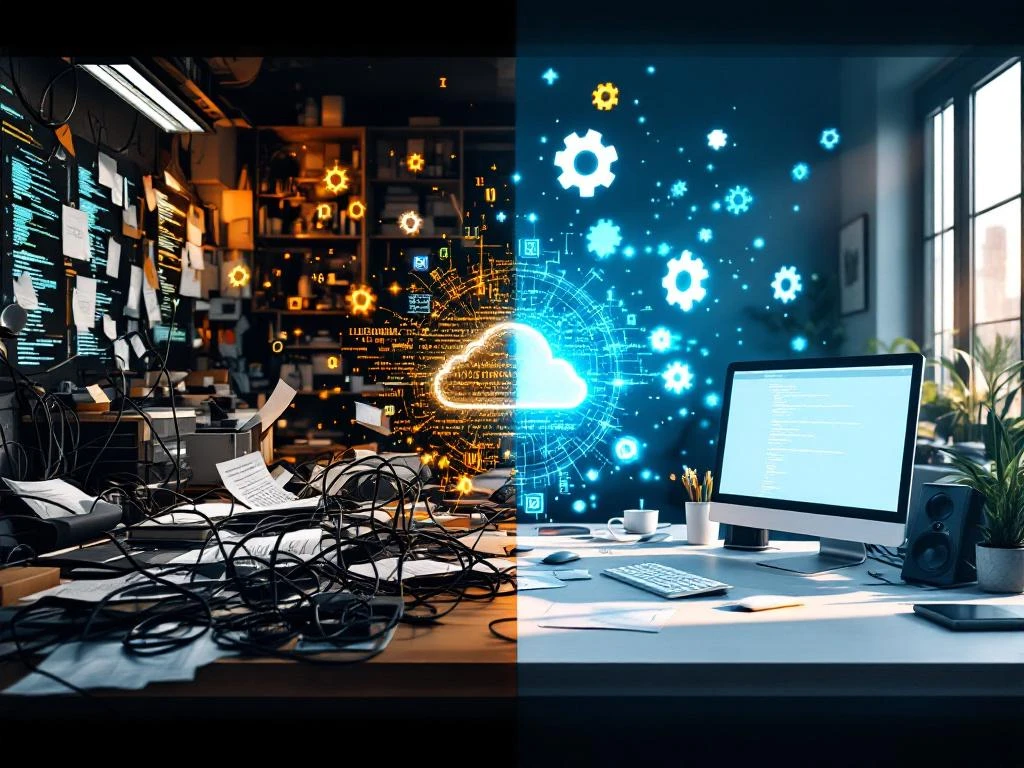 Gesplitst scherm toont transformatie van rommelige werkplek naar georganiseerde moderne kantooropstelling met digitale elementen