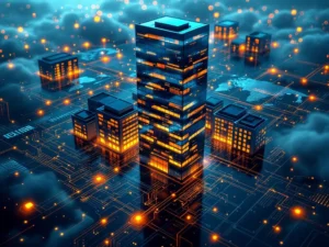 Modern glass office tower with glowing windows connected by digital pathways to global buildings, featuring holographic code and data streams in blue and orange lighting.