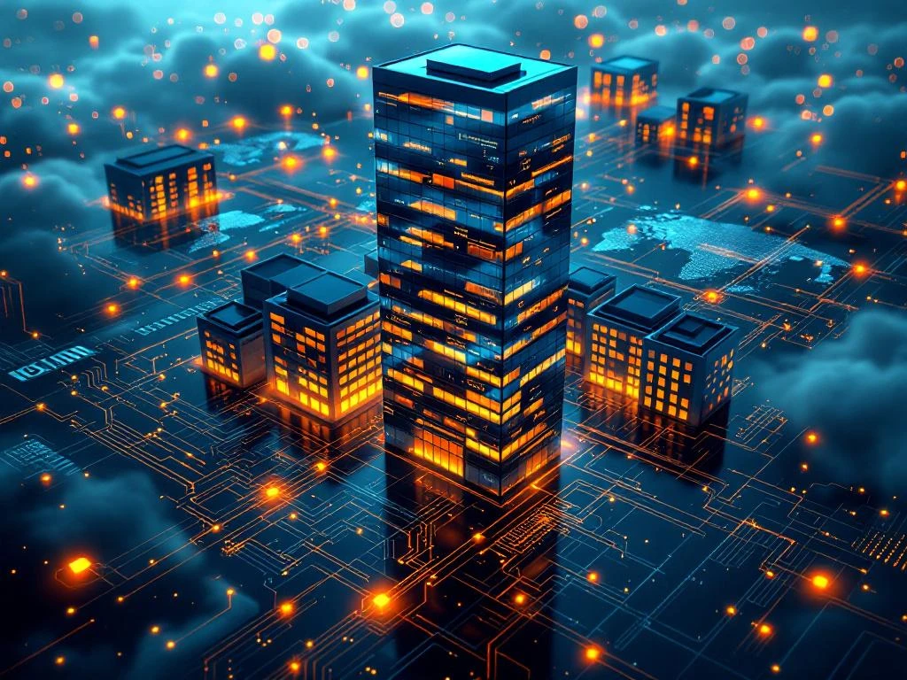 Modern glass office tower with glowing windows connected by digital pathways to global buildings, featuring holographic code and data streams in blue and orange lighting.