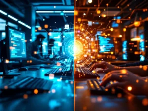 Moderne Nederlandse kantoorruimte verbonden met diverse remote werkplek via digitale datastromen en gloeiende verbindingslijnen