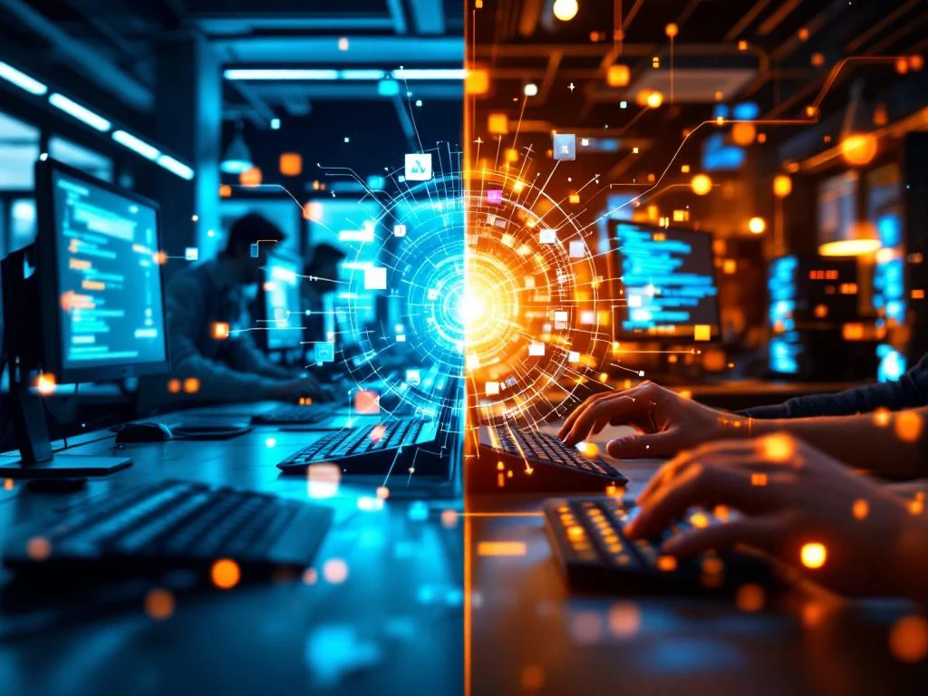 Moderne Nederlandse kantoorruimte verbonden met diverse remote werkplek via digitale datastromen en gloeiende verbindingslijnen