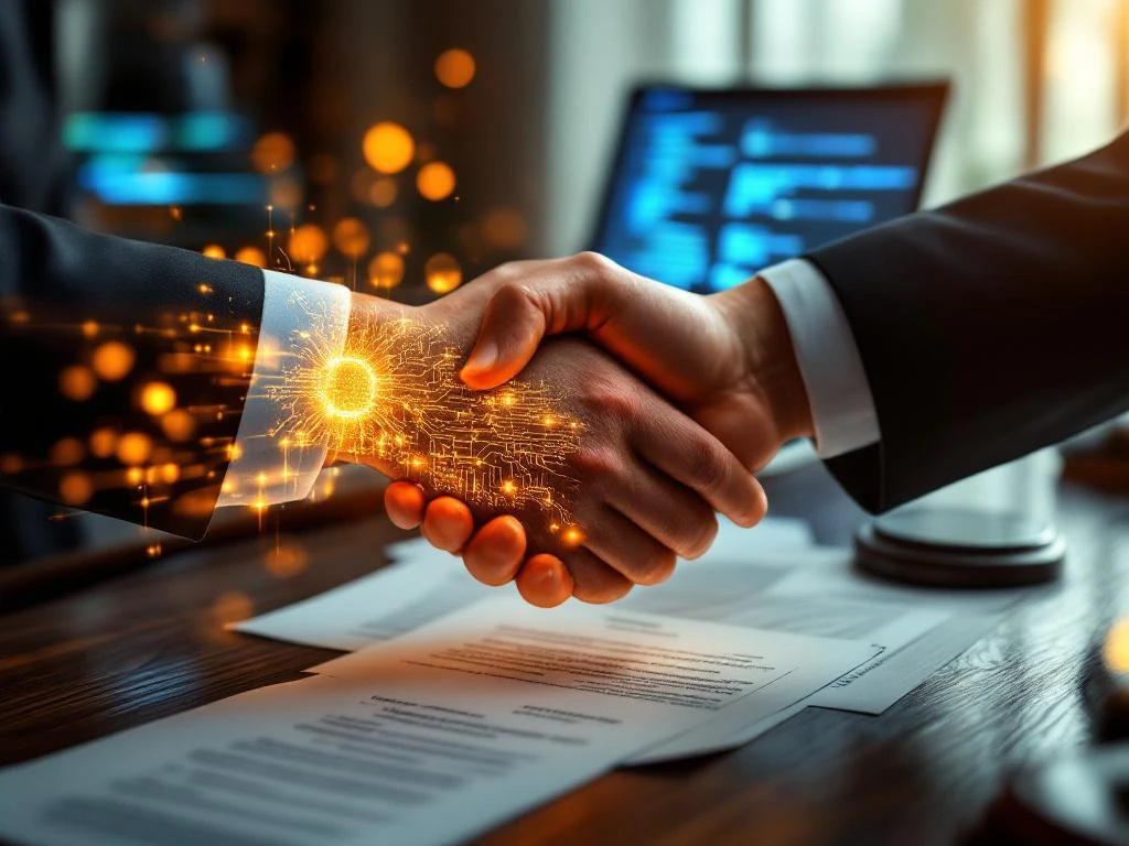 Professionele handdruk tussen digitale en juridische werelden op donkere houten bureau met contracten en laptop