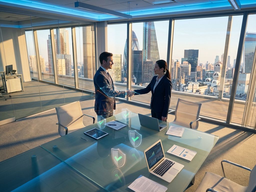 Two business professionals shaking hands across glass conference table with digital security holograms in modern office