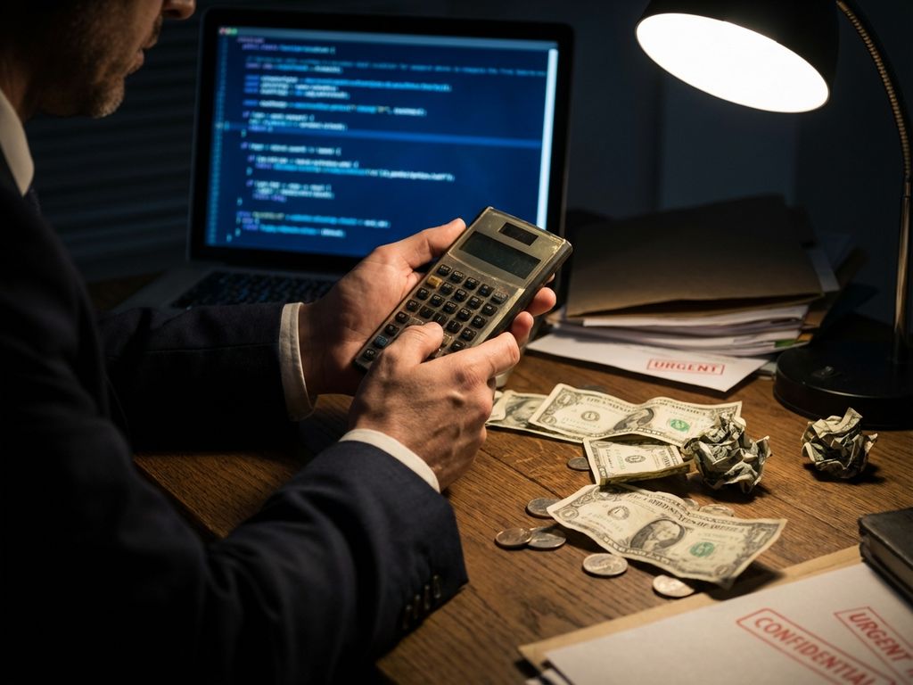 Businessman's hands holding calculator with dollar bills and coins on desk, laptop with code visible in background.