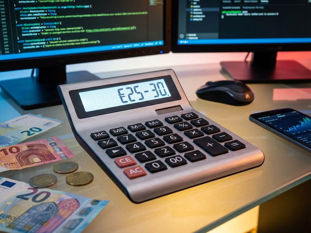 Calculator toont €25-30 op bureau met eurobiljetten, munten en computerschermen met code op achtergrond