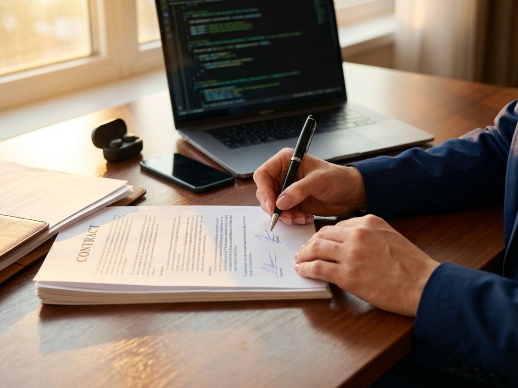 Hands signing business contract on wooden desk with laptop displaying code in background, golden hour lighting