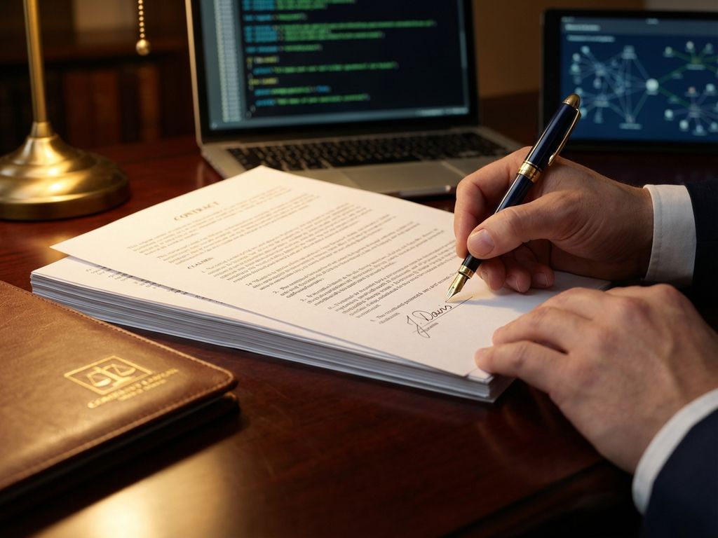 Professional hands signing contract with golden fountain pen on mahogany desk, laptop and tech documents visible