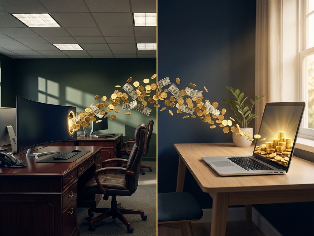 Split-screen comparison of expensive traditional office with high-end equipment versus cost-effective remote workspace setup.