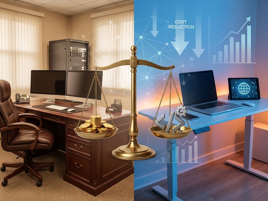 Balance scale weighing golden coins against code symbols, comparing traditional office costs with digital workspace efficiency