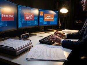 Zakenman aan bureau met rode waarschuwingssignalen op meerdere computerschermen, gestresste werkomgeving