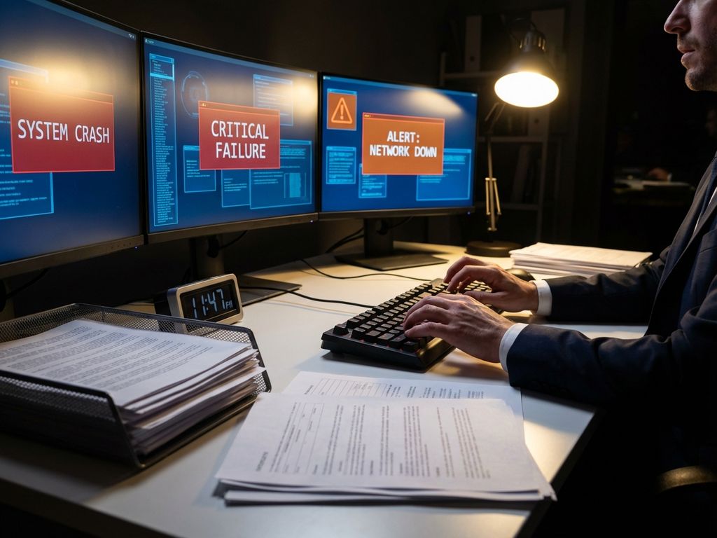 Zakenman aan bureau met rode waarschuwingssignalen op meerdere computerschermen, gestresste werkomgeving