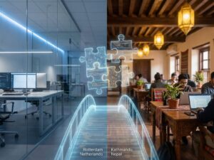 Split-screen office environments connected by digital bridge: modern Dutch workspace with blue lighting, Nepalese office with warm wood tones, floating puzzle pieces symbolizing cultural integration