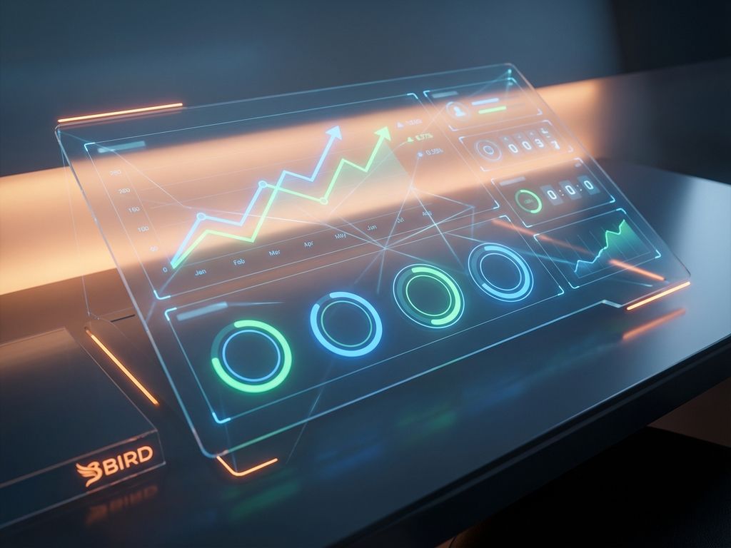 3D holographic dashboard with floating KPI charts, analytics graphs, and performance metrics in blue and green data visualizations