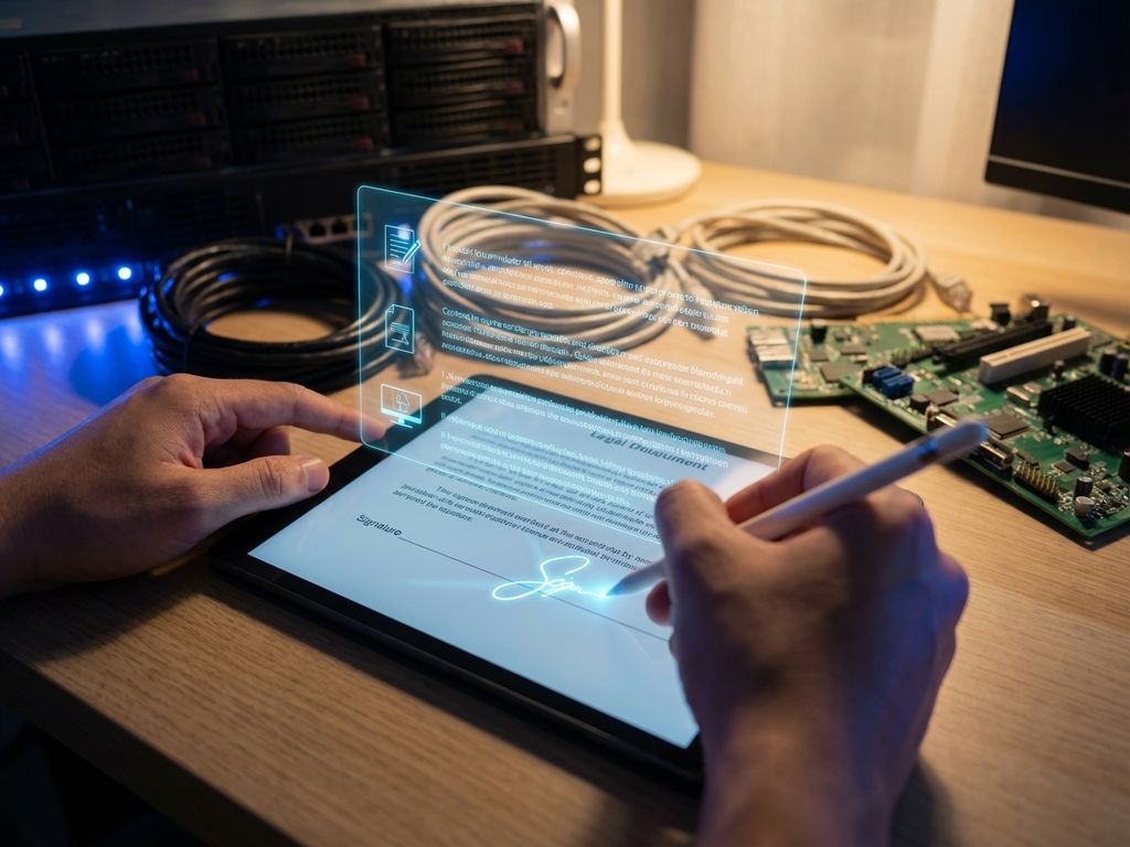 Handen ondertekenen digitaal contract op tablet met holografische juridische tekst en IT-apparatuur op achtergrond