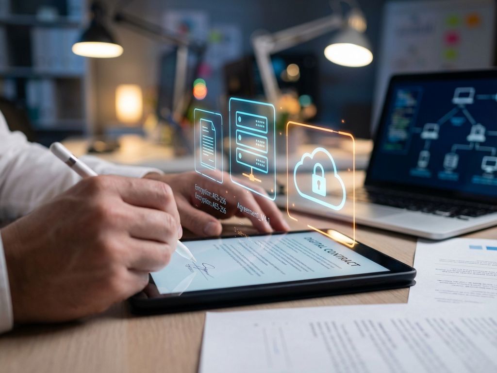 Handen ondertekenen digitaal contract op tablet met holografische IT-iconen en netwerk diagrammen op bureau