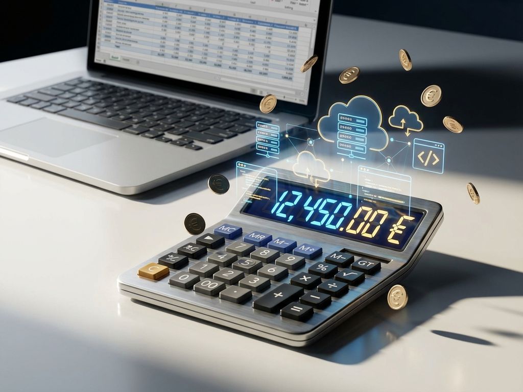 Moderne calculator met gloeiend display omringd door holografische IT-iconen, gouden munten en laptop met spreadsheet