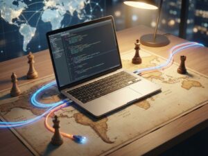 Modern laptop displaying code on office desk with glowing fiber optic cables extending across world map, chess pieces nearby