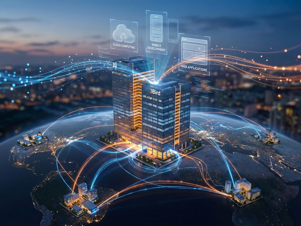 Aerial view of modern glass office building with orange and blue lighting connected by digital pathways to global tech hubs
