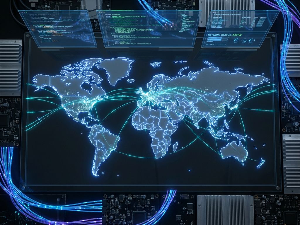 Illuminated world map with glowing blue connection lines between countries, holographic code displays, and fiber optic cables