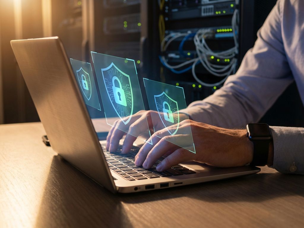 Handen typen op laptop met holografische beveiligingsschilden en netwerkservers op achtergrond voor IT-outsourcing