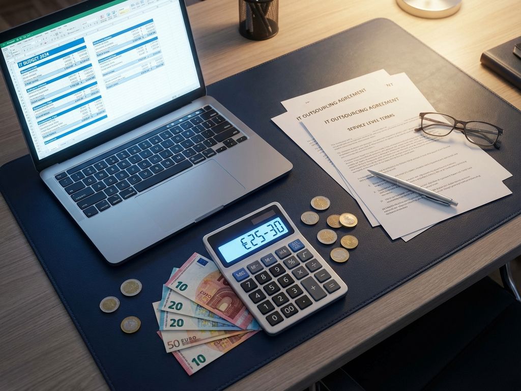 Moderne kantoorbureau met rekenmachine die €25-30 toont, laptop met IT-budgetspreadsheet en euro bankbiljetten