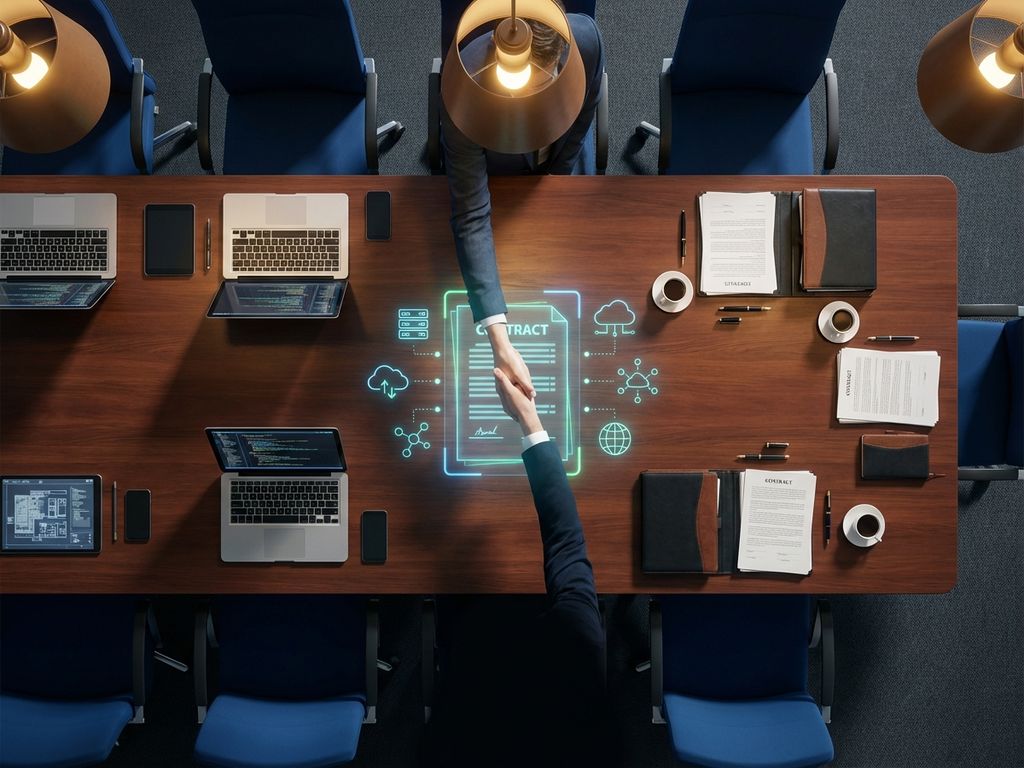 Business handshake over holographic IT contract at conference table with laptops, code, legal documents, and digital icons